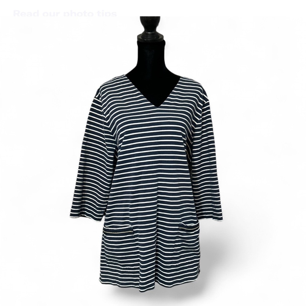 DONCASTER COLLECTION Navy and white striped 3/4 sleeve tunic top XL Good Cond.